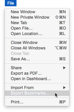 File menu open with Export Bookmarks highlighted by the cursor. 