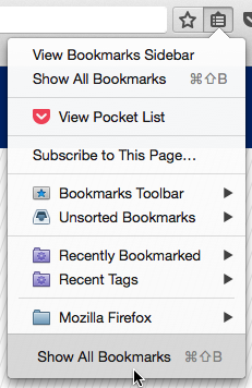 Bookmarks menu exposed with Show All Bookmarks highlighted