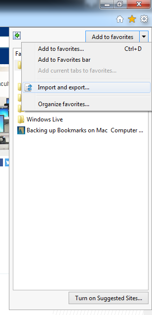 Add to Favorites dropdown menu with Import and Export highlighted.