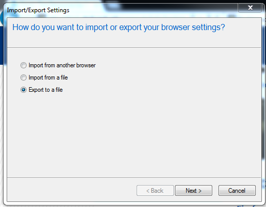 How do you want to import or export your browser settings? Export to file is selected.