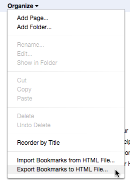 Organize menu expanded with Export Bookmarks to HTML File